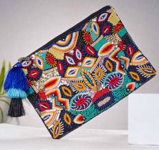 Abstact Design Beaded Cotton Clutch Bag for Women 